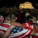 People celebrate the announcement of the